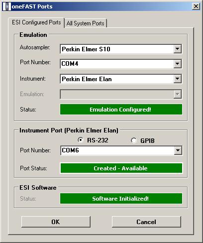 The tab labeled ESI Configured Ports presents information regarding both hardware devices and communication ports used.