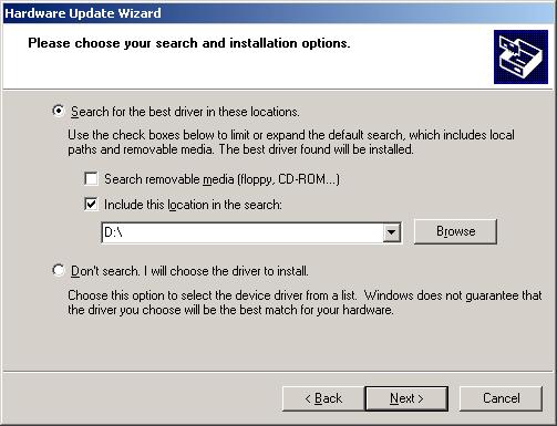 Click next and the search options dialog is displayed: Ensure that the MCL software CD is in the CD drive, check the Include this location in the search: option and