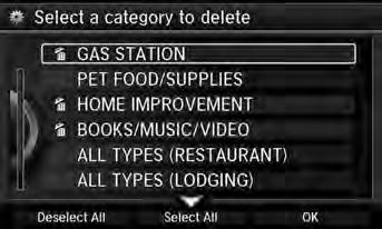 System Setup Personal Information Category History Category History H SETTINGS button Navi Settings Personal Info Category History The navigation system maintains a list of your recently used place