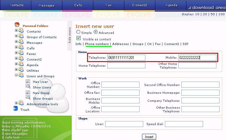 Select the Phone numbers tab, and enter the parameters shown in the following table.