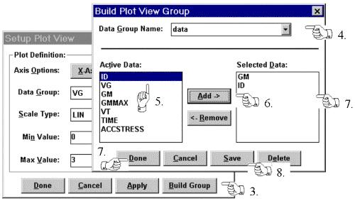 Figure 6-3: How to Create a Plot Data Group. HOW TO CREATE A PLOT DATA GROUP: 1. Make sure the plot in question is the active window. If it isn't, click once anywhere in the plot window. 2.