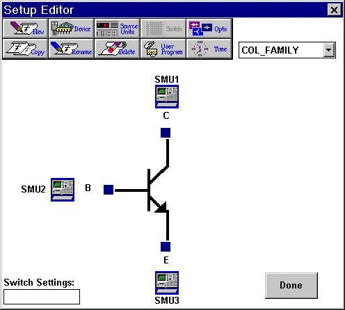 Figure 2-4: The Setup Editor is Used to Document Instrument/DUT Connections and Configure Instrument Setup Conditions.