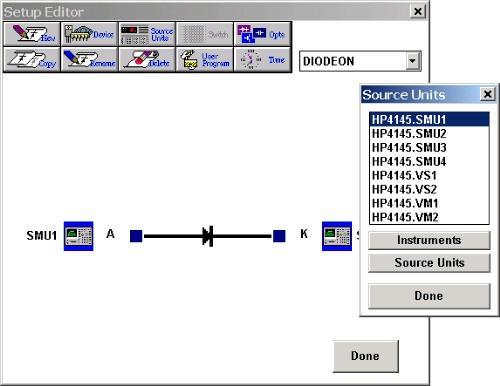 Figure 2-8: How to Designate a Connection Between the Instrument and the DUT. HOW TO DESIGNATE THE INSTRUMENT/DUT CONNECTIONS: 1. Open the Source Units dialogue box from the Setup Editor.