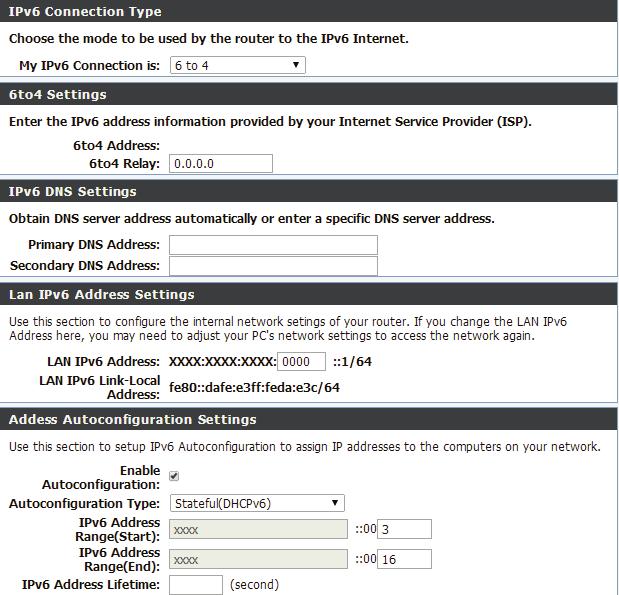 Section 3 - Configuration 6to4 My IPv6 Connection Is: Select 6to4 from the drop-down menu. 6to4 Address: 6to4 Relay: Enter the IPv6 settings supplied by your ISP.