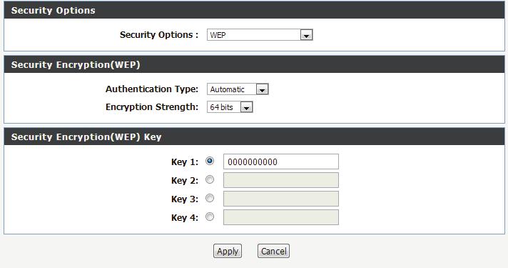Section 3 - Configuration Authentication Type: Encryption Strength: Security Encryption (WEP) Key: Pre-shared Key: If you select WEP as the security option, the following settings below will appear.