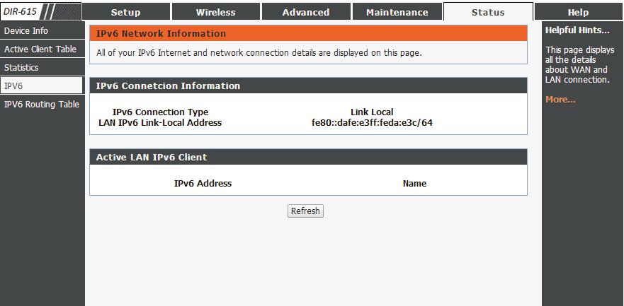 Section 3 - Configuration IPv6 The IPv6 page displays a summary of the Router