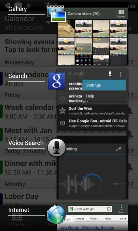 20 Organize Your Life Using Android Devices Figure 2-15: Recent App List Screen in ICS To Access Recent Apps Using ICS Press the Recent Apps button. Flick up or down to see the list of recent apps.