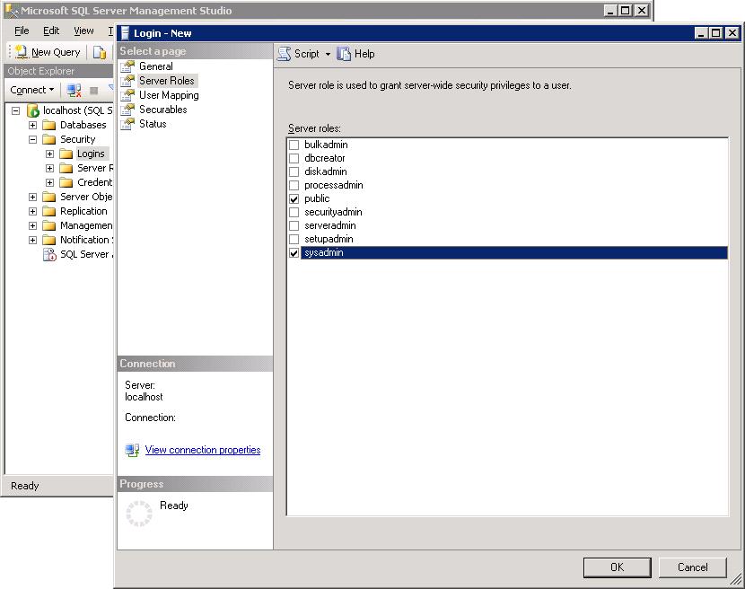 5.2.1 Microsoft SQL Server 2008 and 2005 1. Access SQL Server Management Studio (Windows Start menu > All Programs > Microsoft SQL Server 2008 or Microsoft SQL Server 2005). 2. In the panel on the left, expand localhost > Security, and then click the Logins node.