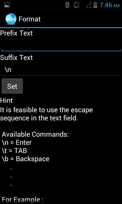 Select the Prefix/ Suffix to allow special characters to be added at the beginning (prefix) or end (suffix) of the scanned barcode.