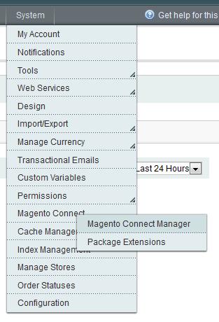 5. Sign into your Magento admin panel and go to System > Magento Connect > Magento Connect Manager using the menus at the top of the page.