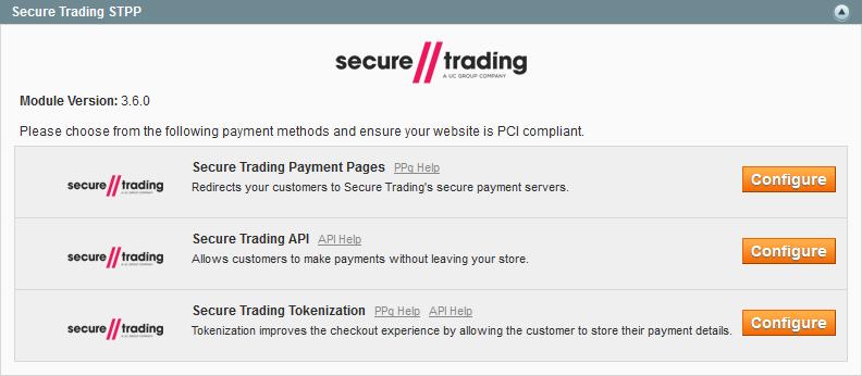 This expands to show two options: Required settings Optional settings If you cannot view Secure Trading settings in