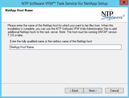 9. In the NetApp Host Name dialog box, enter the fully qualified name of the NetApp host. Click Next.
