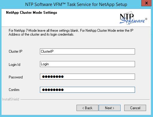 10. At the NetApp Cluster Mode Settings screen, leave all fields blank and click Next if running