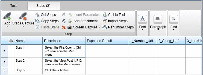 To access Do the following: 1. In the Plan area, select a test or component from the Tests and Components list. 2. Click the Steps tab.