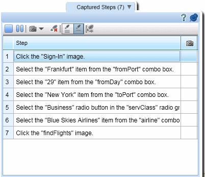 Captured Steps Sidebar This sidebar displays the steps that result from the user actions that are performed during your Steps Capture session. The following image shows the Captured Steps sidebar.