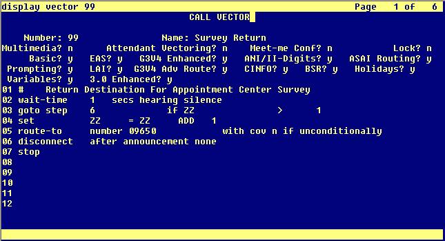 This example shows a vector that routes the caller to the survey and increments the variable.