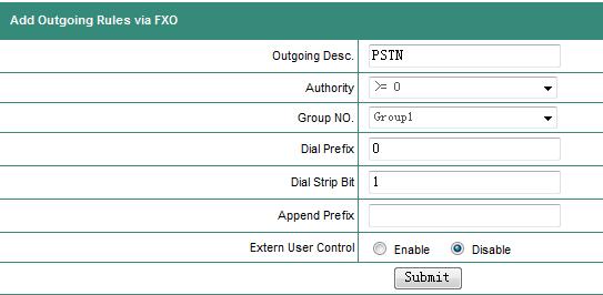 Example: When one user press 056789 to apply the outgoing rule, the IP PBX will use one of the FXO port in the group 0,