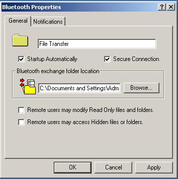 Bluetooth exchange folder location: the directory configured in this section is the highest-level directory to which a remote Bluetooth computer has access.