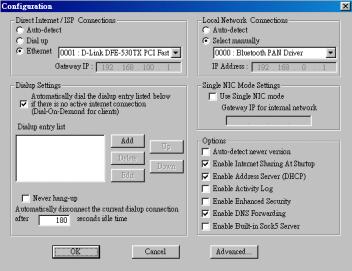 In the right panel of the Configuration screen, check the radio button Select manually from Local Network connections and select the 0000:Bluetooth PAN Driver.