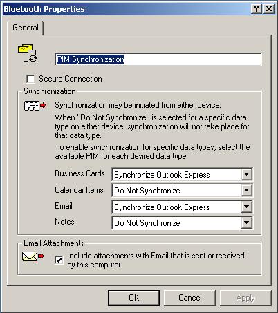 Configure PIM Synchronization The Bluetooth Configuration Panel > Client Applications > PIM Synchronization > General tab provides options to configure: The application name to change it, highlight