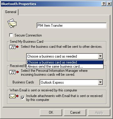 2. From Windows Explorer, My Bluetooth Places, highlight the PIM Item Transfer service on a remote device, and then, from the Bluetooth menu on the Windows menu bar, select the appropriate action.