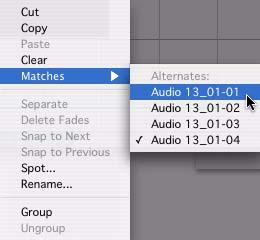 Selecting Alternate Takes from the Matching Takes List After recording multiple takes with loop or punch recording, you can replace the take currently residing in a track with the other takes to