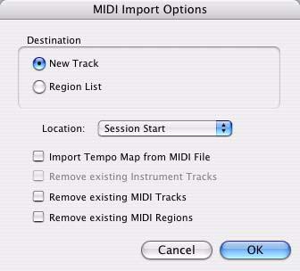 8 If you chose to create a new track, choose a location for the imported file in the track: Session Start Places the file or region at the start of the session.
