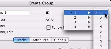 5 (Optional) Choose a Group ID from the ID pop-up menu. Four banks of 26 are available: a z, 2a z, 3a z, 4a z.