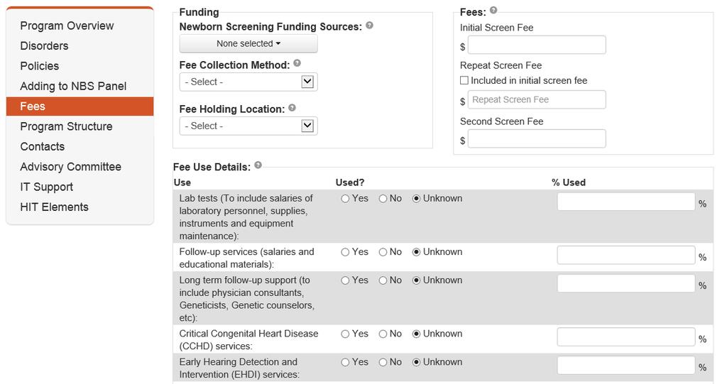 Fees The fees tab collects information about the state NBS fees and