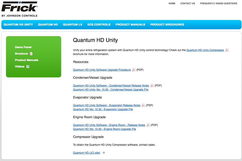Use the URL below to be directed to the Quantum HD Unity Controller page of the Frick Controls website. http://www.frickcontrols.