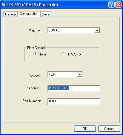 Installing Virtual COM Port. Figure 43. The VLINX ESP (COM3) Properties Window Step 4: Click the Configuration or Port Settings tab. This screen allows the settings to be changed if necessary.