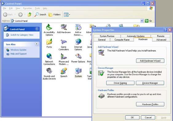 Removing Virtual COM Ports Figure 46. The Control Panel Window Step 3: Click Device Manager in the Systems Properties window.