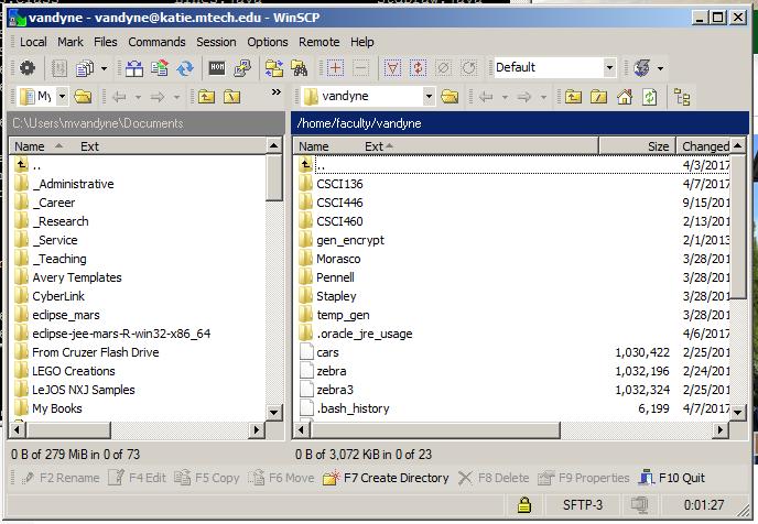 Copying a File to Another Computer: winscp (continued) You will see two panes in a window The left side is your local computer The right side is