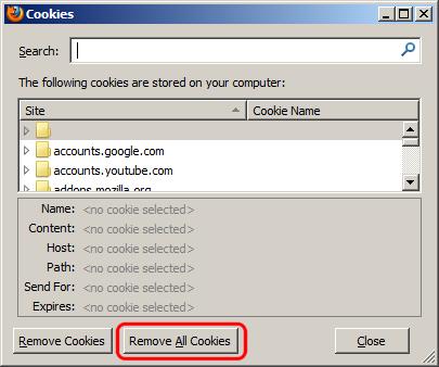 Clearing cookies in your browser Chrome: Wrench History Clear all browsing