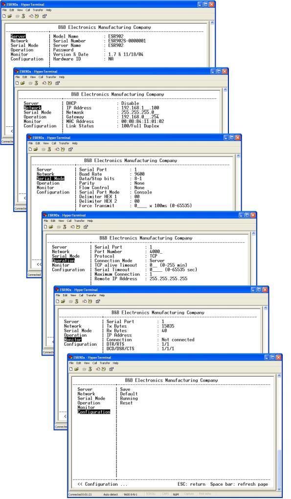 Using Console Mode Navigating the Configuration Menus There are six Console Mode screens: Server, Network, Serial Mode, Operation, Monitor and Configuration.