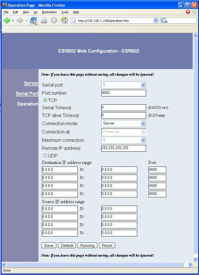 Using the Web Server Figure 42. The Web Server Operation Page Click Save to store changes to the Serial Server. Settings for each Port must be saved separately.