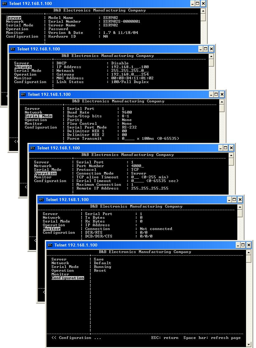 Navigating the Configuration Menu Using Telnet There are six Telnet screens: Server, Network, Serial Mode, Operation, Monitor and Configuration.