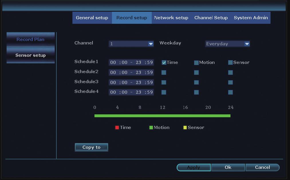 Right click the mouse > System setup > Record setup > Tick the (Time ) > Set the Schedule time > Click Copy to(if you want to apply the setting to other channel or all channels) > Choose all > Click