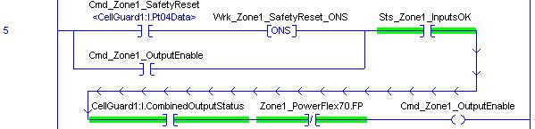 16 Safety Input Interlock Rung This rung includes the safety device input interlocks, with tag names Sts_Zone1_EStop_InputOK and Sts_Zone1_GateSwitch_InputOK, that energize the Sts_Zone1_InputsOK OTE