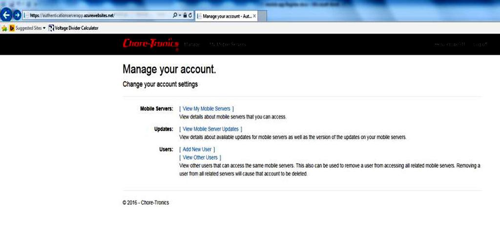 Chore-Tronics Mobile Server Setup 5.You will be redirected to the Manage your Account screen.