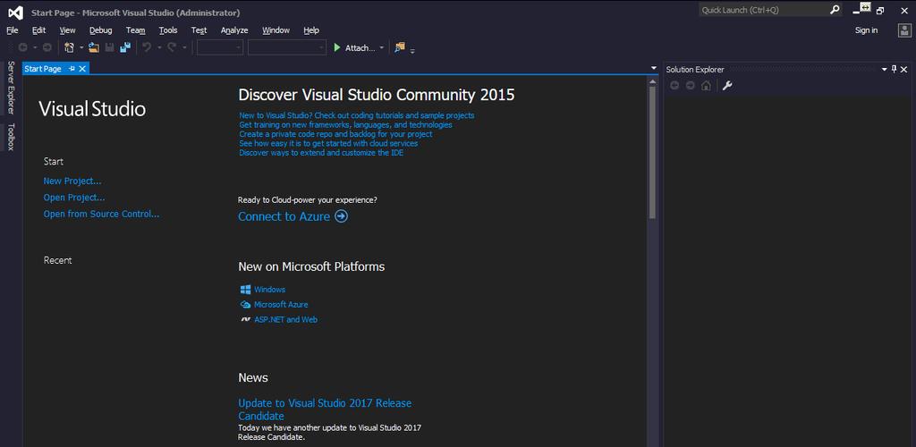 Starting Visual Studio 2015 When you start Visual Studio 2015 for the first time you are greeted with this window: Selecting not now, maybe later is luckily a perfectly viable option, so let s go for