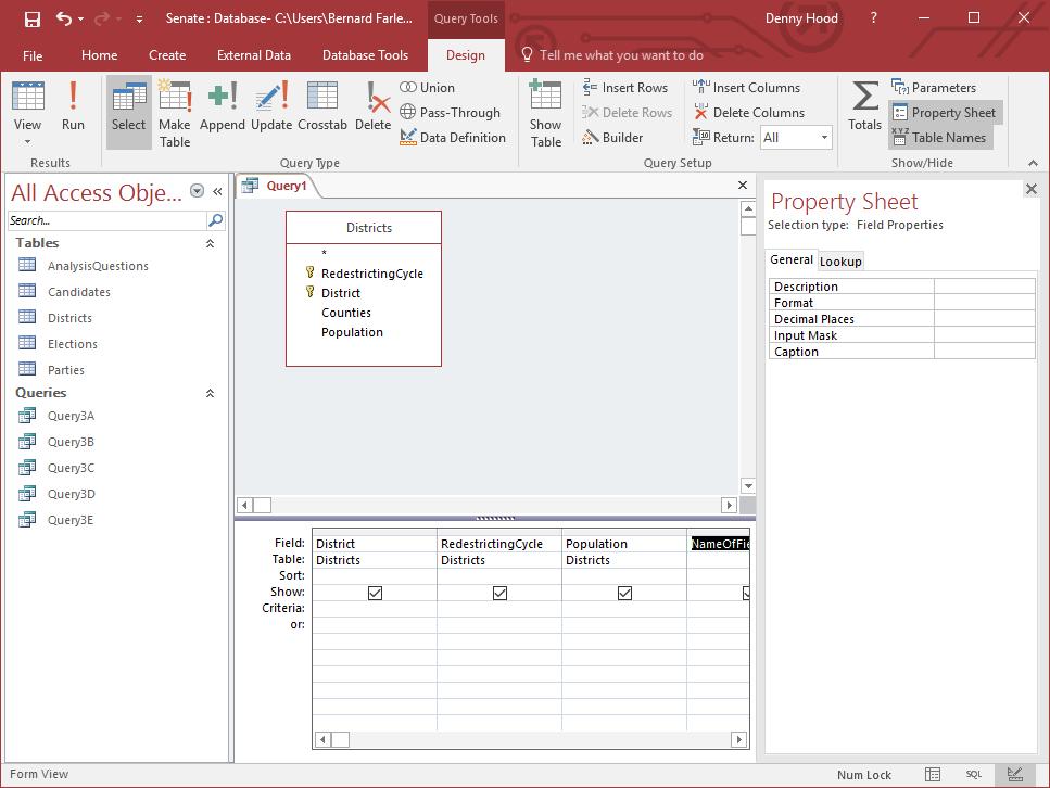 Format Fields Query Tools Design Ribbon In Show/Hide group Property Sheet In the Property Sheet: