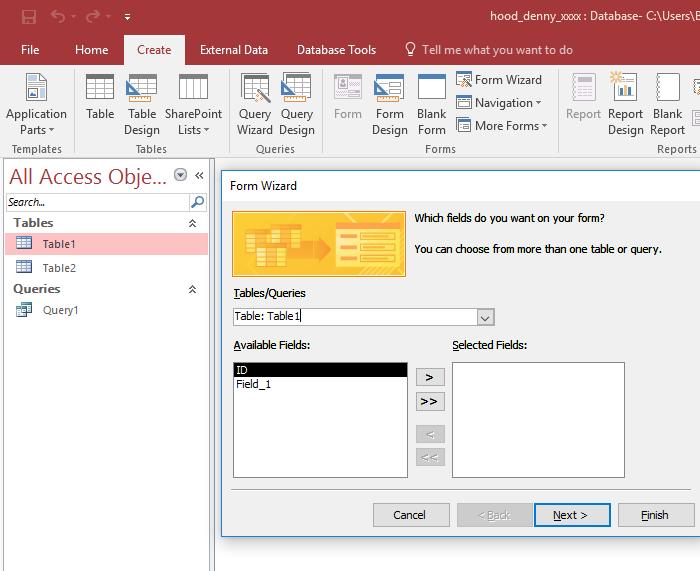 Form Wizard (step 1) Select Query to make report Click Create ribbon Choose Form Wizard In the Form