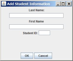 The user can enter the appropriate information for a new student, then press OK to have the student added to the database, or press Cancel. 3.