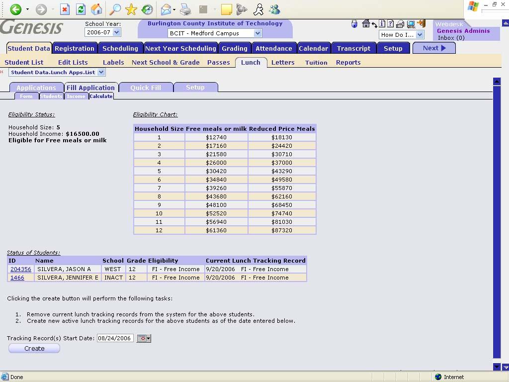 Student Data Lunch Fill Application Calculate The calculated status is shown here. This status is a result of the information collected on the previous 3 screens. It cannot be directly updated.