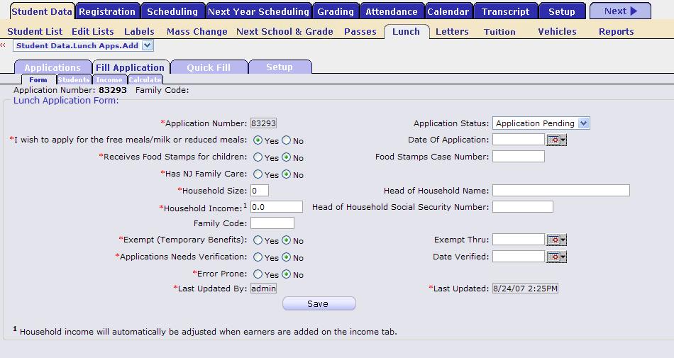 Student Data Lunch Fill Application Form Figure 6 - The Student Data Lunch Fill Application Form screen The Free and Reduced Lunch Form This is the core of the application process.