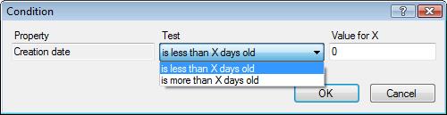 Creation Date: Condition based on File Attributes: Figure 100: Condition based on Date Comparison In this dialog box to test the Condition, you can configure the parameters to test the File