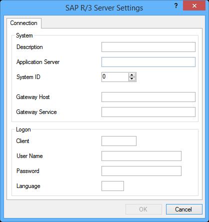 Then SAP R/3 Connection Settings dialog box will be displayed. Figure 36: SAP R/3 Connection Settings-Connection Connection: This tab allows you to configure a connection of a SAP R/3 Systems server.