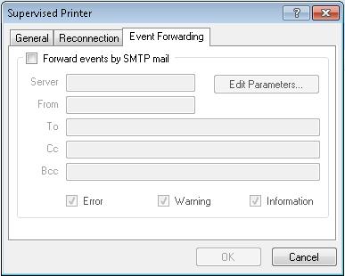Supervised Printer: Event Forwarding Figure 41: Supervised Printer Event Forwarding This tab gives you the option of sending the Events you have selected, to an email address or to a group of email