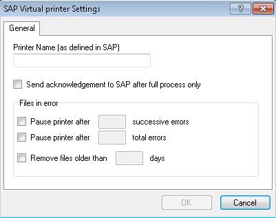 Then the SAP Virtual printer Settings dialog box will be displayed. General: Figure 56: SAP Virtual Printer Connection Settings Printer Name: Enter the Printer Name in the text box.